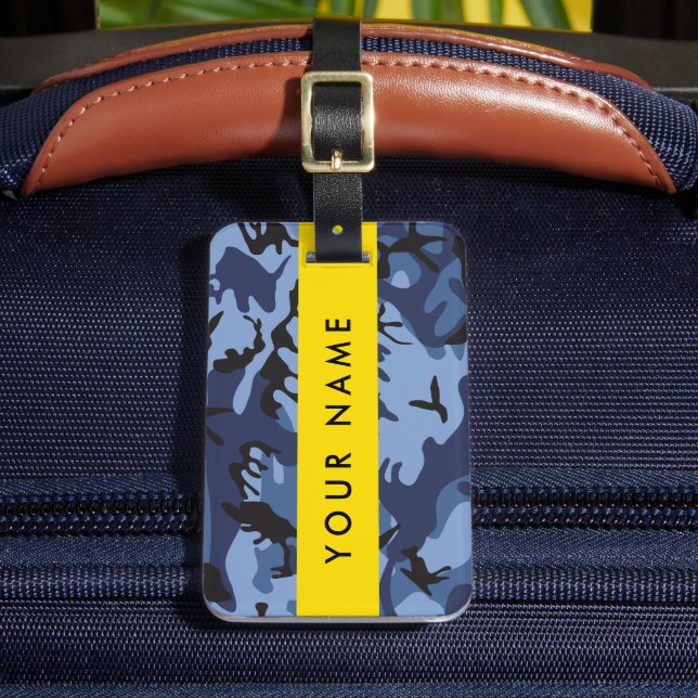 Navy Blue Camouflage Your name Personalise Luggage Tag (Front Insitu 2)
