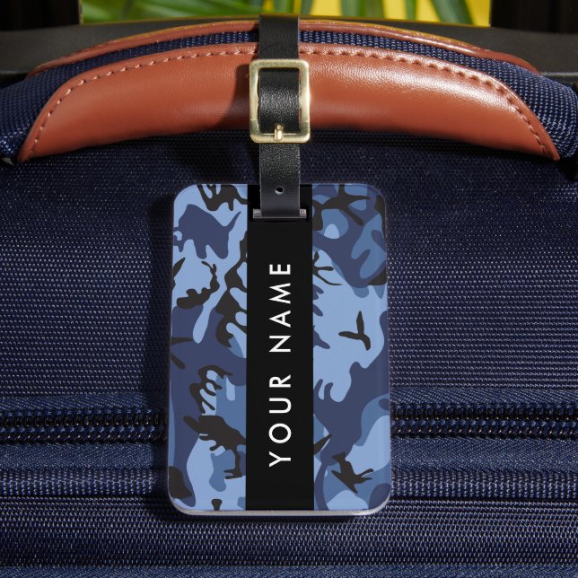 Navy Blue Camouflage Your name Personalise Luggage Tag (Front Insitu 2)
