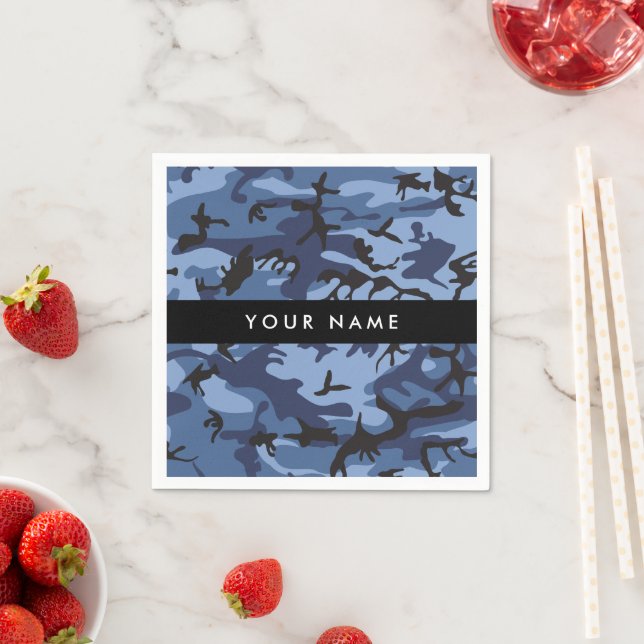 Navy Blue Camouflage Your name Personalise Napkin (Insitu)
