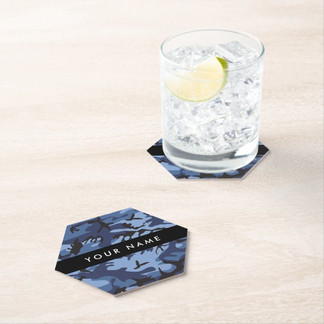 Navy Blue Camouflage Your name Personalise Paper Coaster (Insitu)
