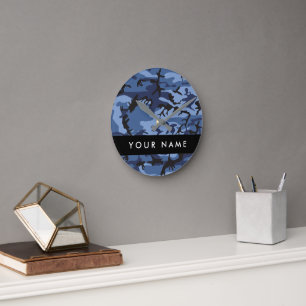 Navy Blue Camouflage Your name Personalise Round Clock