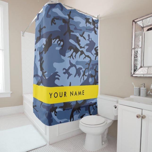 Navy Blue Camouflage Your name Personalise Shower Curtain (In Situ)