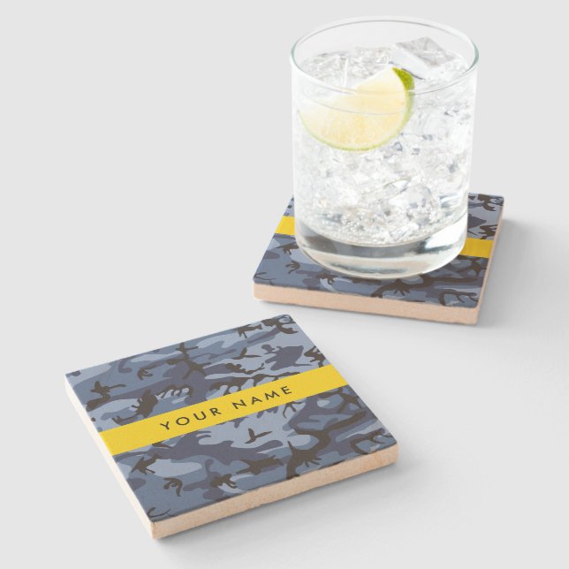 Navy Blue Camouflage Your name Personalise Stone Coaster (Side)