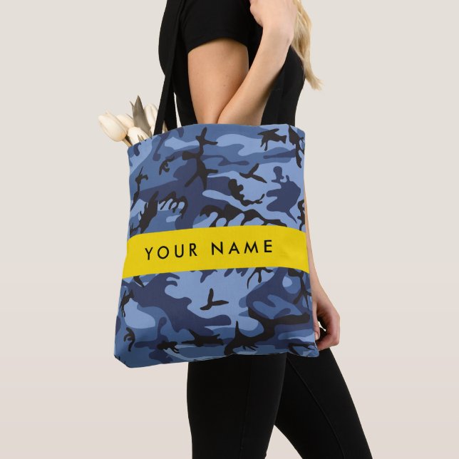 Navy Blue Camouflage Your name Personalise Tote Bag (Close Up)