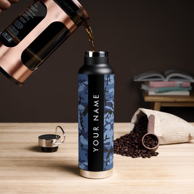 Navy Blue Camouflage Your name Personalise Water Bottle (Coffee)