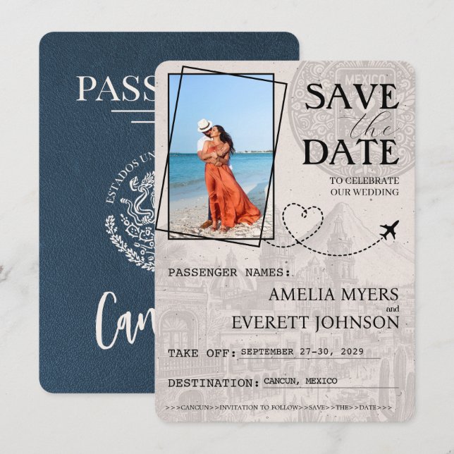 Navy Blue Cancun Passport Save The Date (Front/Back)