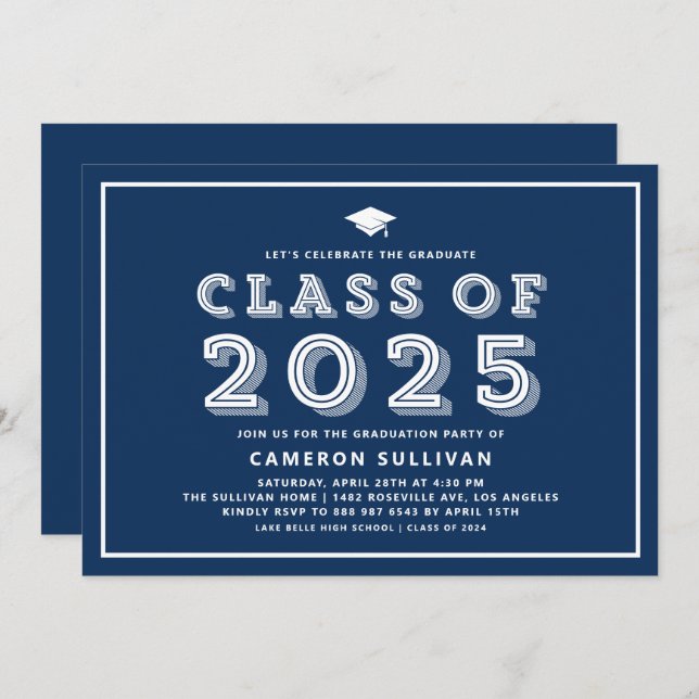 Navy Blue Cap Class of 2024 Retro Graduation Invitation (Front/Back)