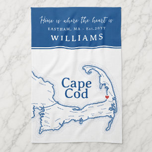 Navy Blue Cape Cod Map New Home Tea Towel