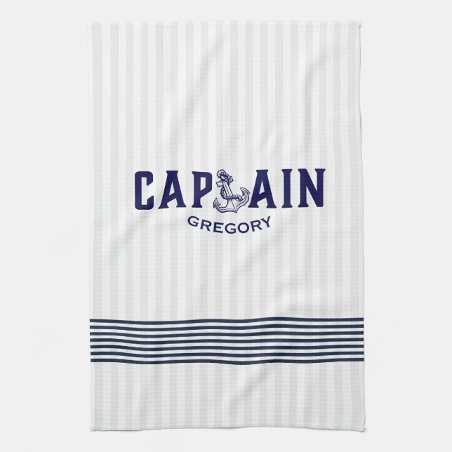 Navy-Blue Captain With Nautical Boat Anchor Tea Towel (Vertical)
