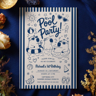 Navy Blue Capybara Pool Bash 1st Birthday Party Invitation