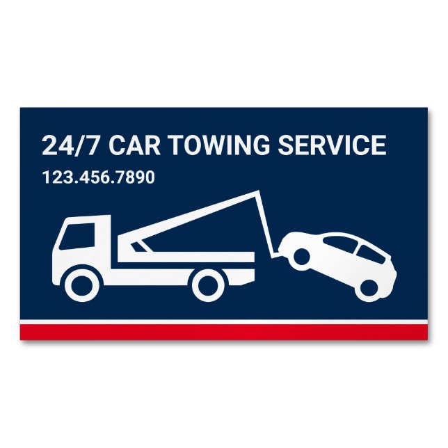 Navy Blue Car Towing Service Tow Truck Magnetic Business Card (Front)