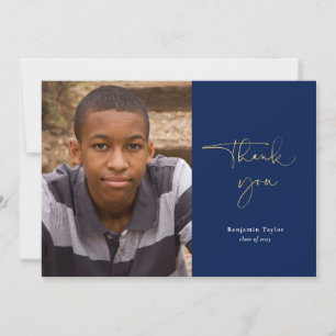 Navy Blue Casual Script Photo Graduation Thank You Card