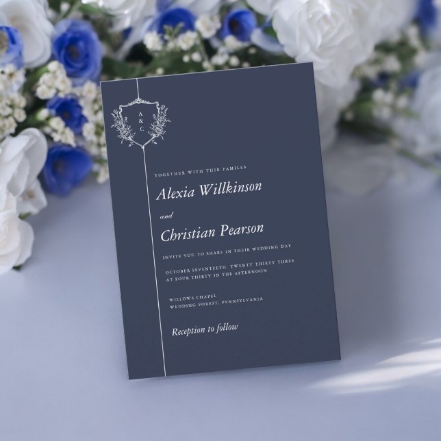 Navy Blue casual white crest wedding Invitation (casual wedding wording wedding invitation in navy blue with a elegant crest )