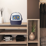 Navy blue cat unique trucker hat<br><div class="desc">royal blue finish with unique artistic kaleidoscope cat painting</div>