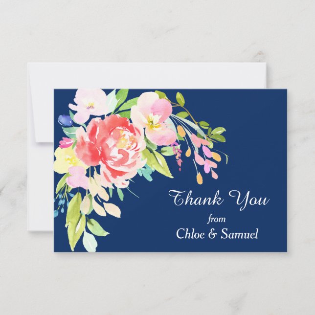 Navy Blue Cattails and Floral Wedding Thank You (Front)