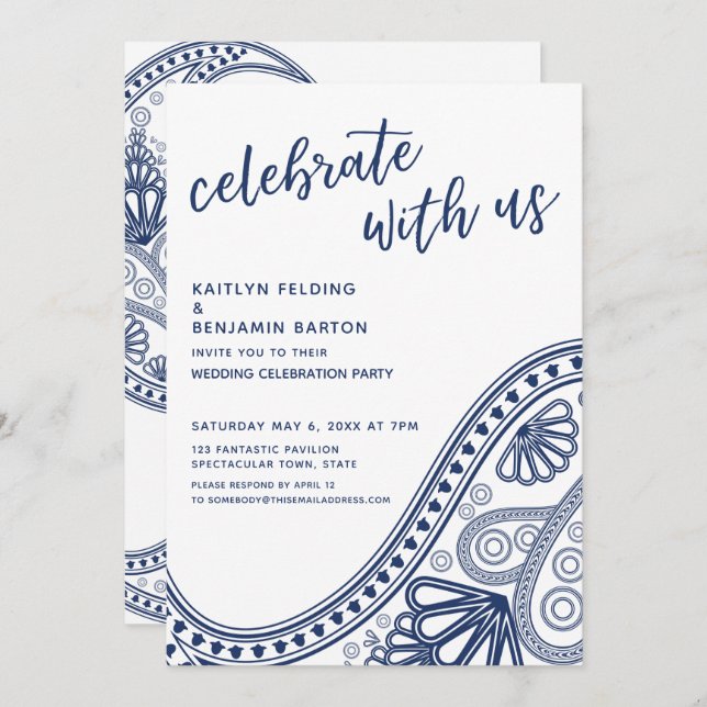 Navy Blue Celebrate with Us Paisley Reception-Only Invitation (Front/Back)