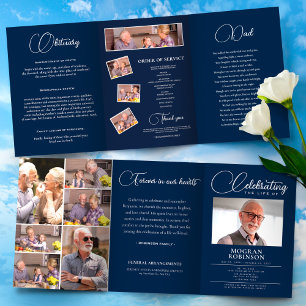 Navy Blue Celebration of Life Photo Funeral  Tri-Fold Programme