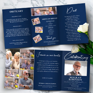 Navy Blue Celebration of Life  Photo Funeral  Tri-Fold Programme