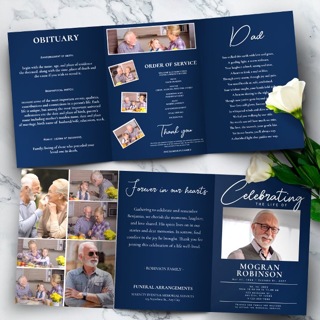 Navy Blue Celebration of Life  Photo Funeral  Tri-Fold Programme (Navy Blue Celebration of Life Photo Funeral Tri-Fold Programme)