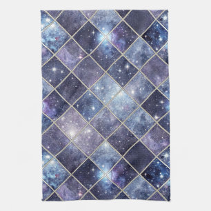 Navy Blue Celestial Diamond Lattice Star Tea Towel