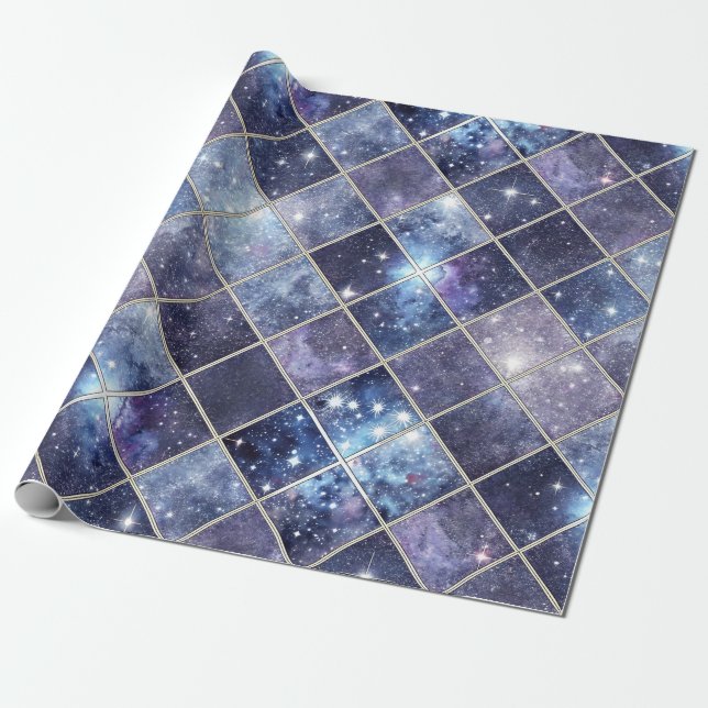 Navy Blue Celestial Diamond Lattice Star Wrapping Paper (Unrolled)