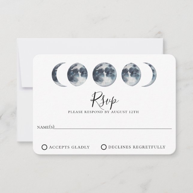 Navy Blue Celestial Moon Phase Wedding RSVP Card (Front)
