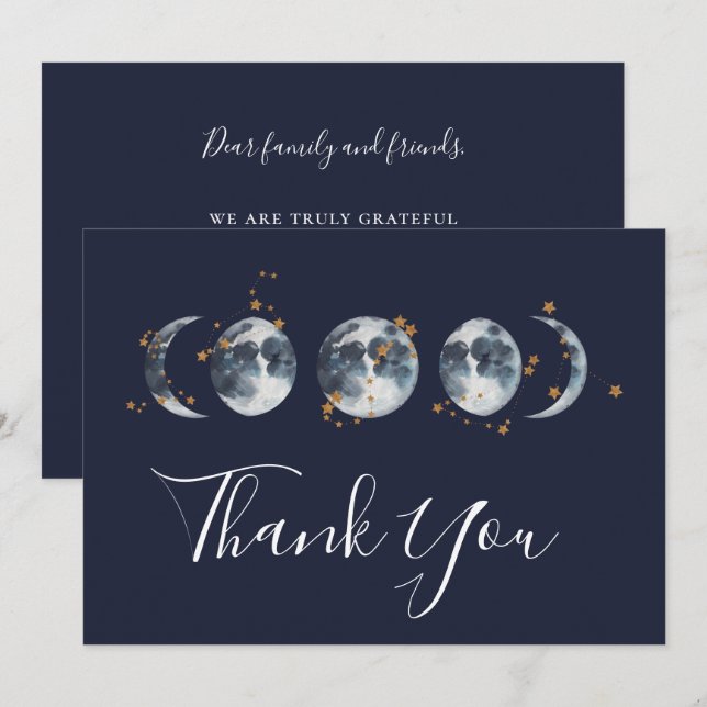 Navy Blue Celestial Starry Moon Phase Thank You Card (Front/Back)
