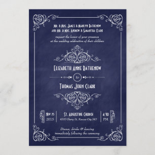 Navy Blue Chalkboard Art Deco Wedding Invitations