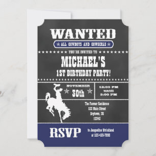 Navy Blue Chalkboard Cowboy Birthday Invitation