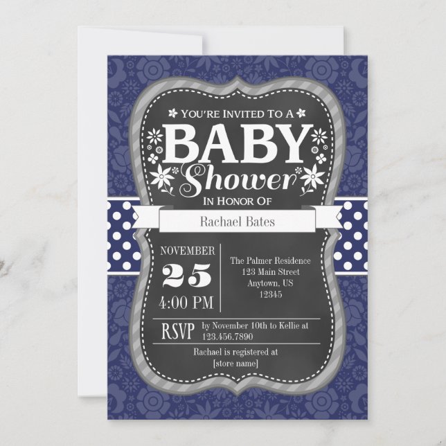 Navy Blue Chalkboard Floral Baby Shower Invite (Front)