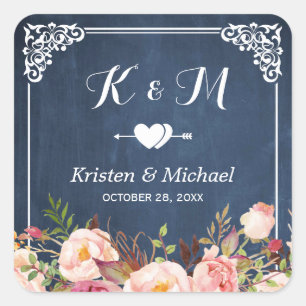 Navy Blue Chalkboard Floral Wedding Favour Square Sticker