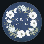 Navy Blue Chalkboard Wedding Floral Monogram Classic Round Sticker<br><div class="desc">Customise with your Monogram and background to match your event; New with date.

Click "Customise It" to remove background image and choose your own custom colour. Please contact me with any questions or special requests.</div>