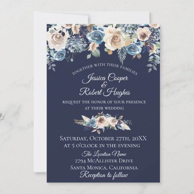 Navy Blue Champagne Floral Wedding Invitation (Front)