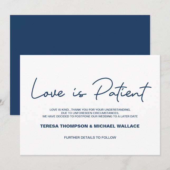 Navy blue Change of Plans Love is Patient Wedding Invitation (Front/Back)