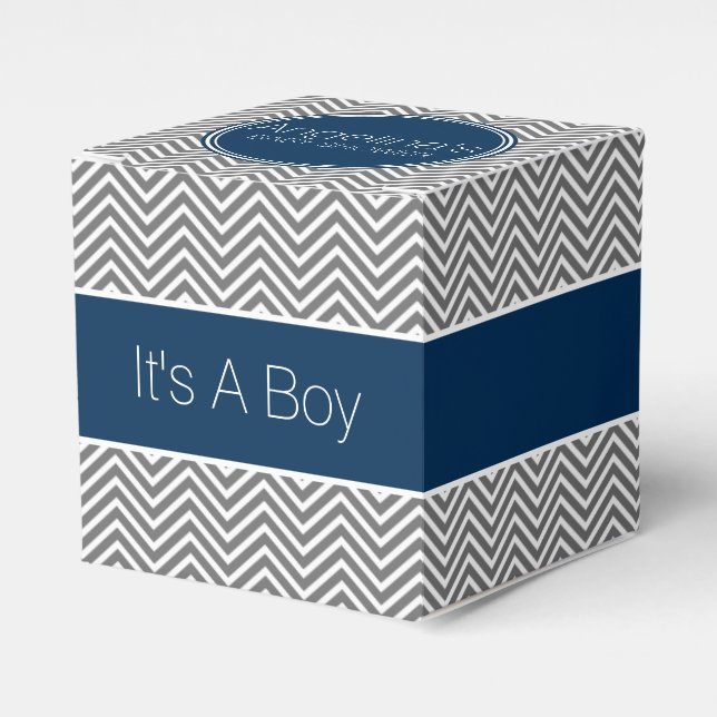Navy Blue & Charcoal Grey Chevrons Baby Shower Favour Box (Front Side)