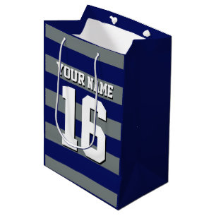 Navy Blue Charcoal Team Jersey Preppy Stripe Medium Gift Bag