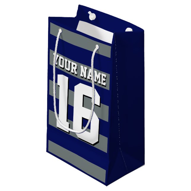 Navy Blue Charcoal Team Jersey Preppy Stripe Small Gift Bag (Front Angled)