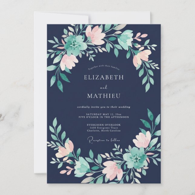 Navy Blue Charming Floral Wedding Invitation (Front)