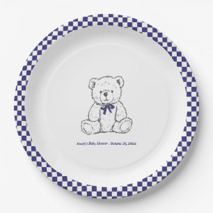 Navy Blue Checkered Teddy Bear-Our Little Cub  Paper Plate