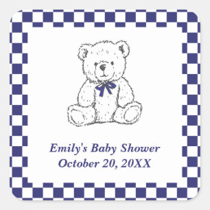 Navy Blue Checkered Teddy Bear-Our Little Cub Square Sticker