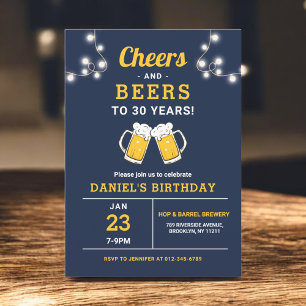 Navy Blue Cheers And Beers Birthday Party Invitation