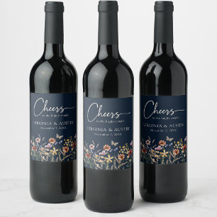 Navy Blue Cheers Floral Wedding Wine Label