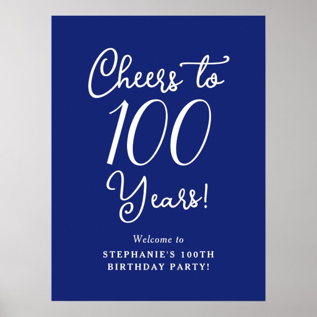 Navy Blue Cheers to 100 Years Birthday Welcome Poster (Front)
