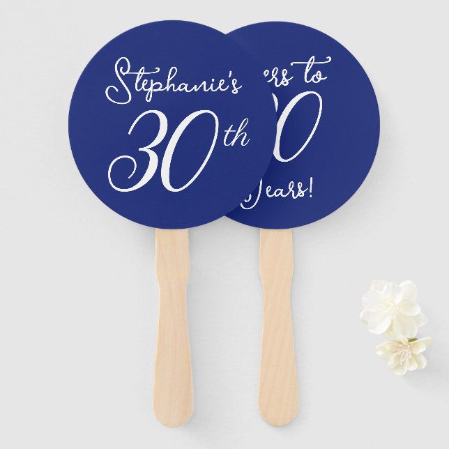 Navy Blue Cheers to 30 Years 30th Birthday Party Hand Fan (Front and Back)