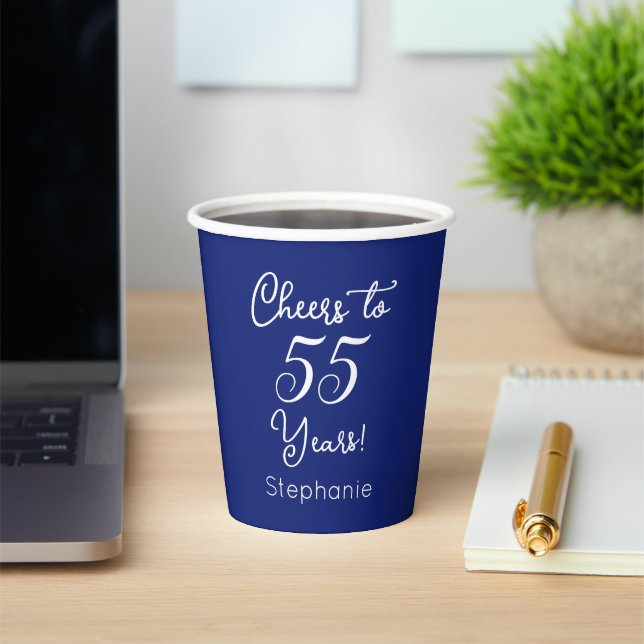 Navy Blue Cheers to 55 Years 55th Birthday Paper Cups (Insitu)