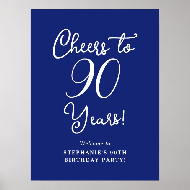 Navy Blue Cheers to 90 Years Birthday Welcome Sign (Front)