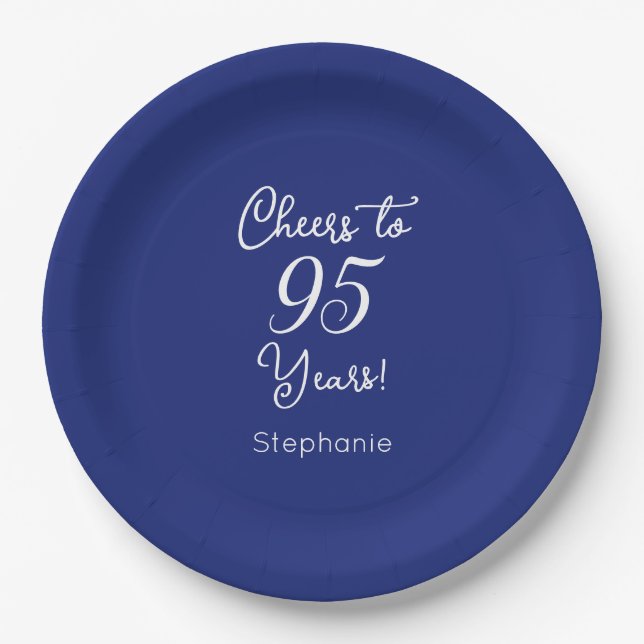 Navy Blue Cheers to 95 Years 95th Birthday Paper Plate (Front)