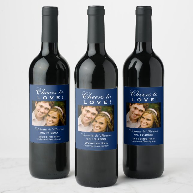 Navy Blue Cheers to Love Wedding Photo Bottle Wine Label (Bottles)