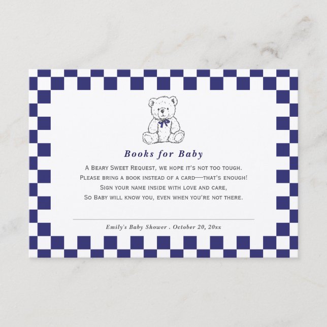 Navy Blue Chequered Teddy Bear-Our Little Cub Book Enclosure Card (Front)