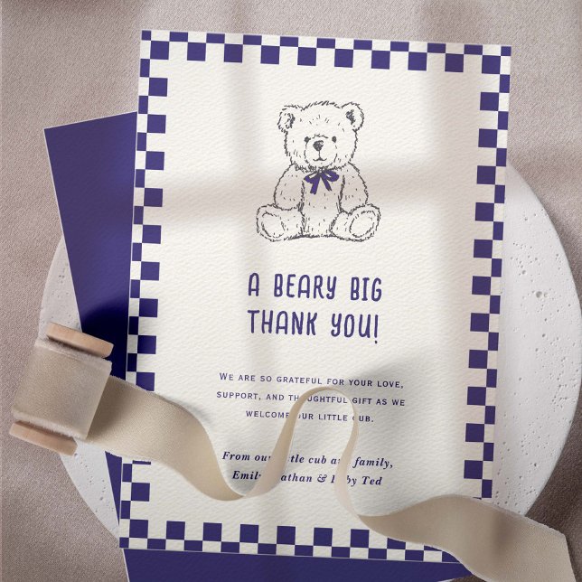 Navy Blue Chequered Teddy Bear-Our Little Cub  Thank You Card (Navy Blue checkered Teddy Bear-Our Little Cub themed baby shower thank you cards)